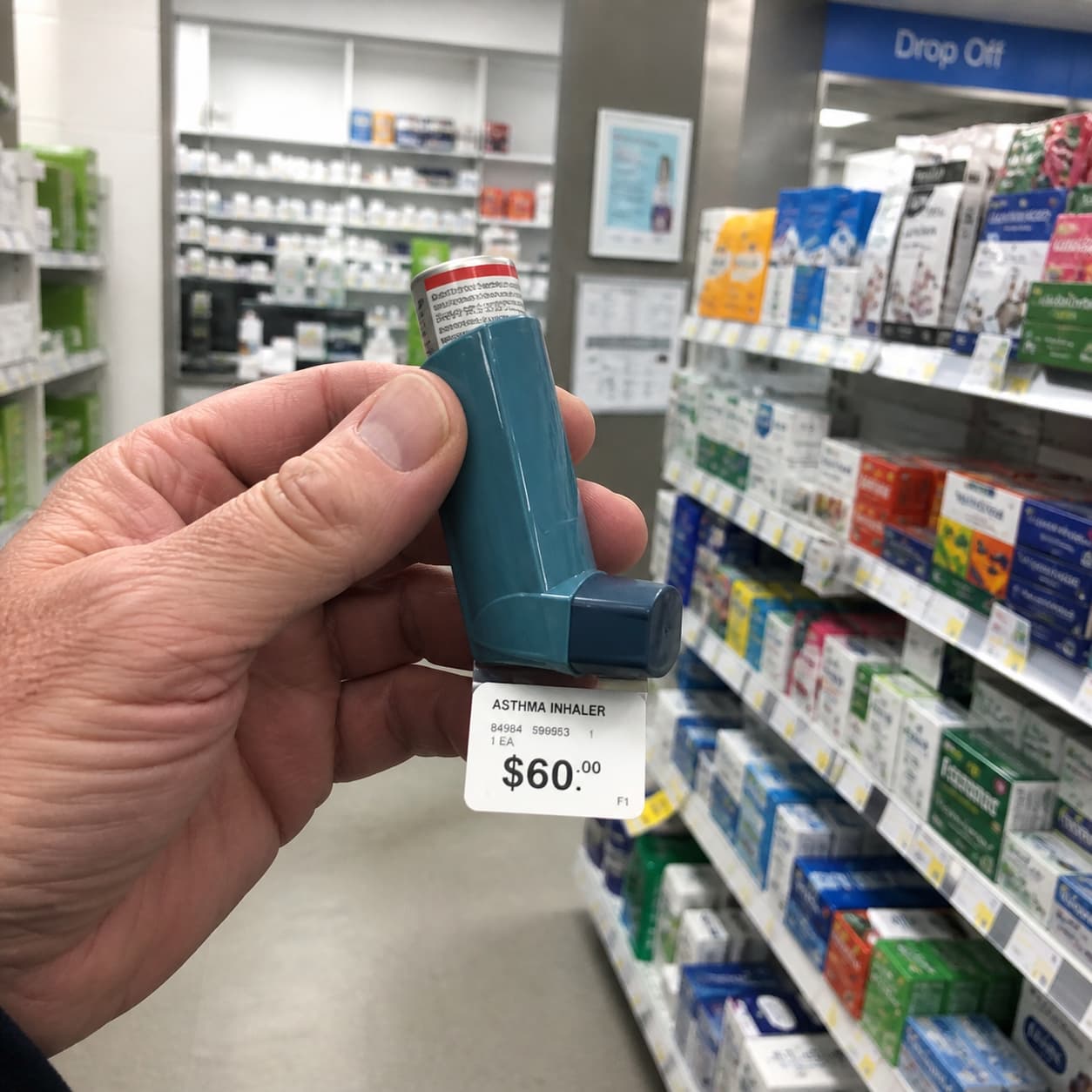 Asthma inhaler at a 24-hour pharmacy